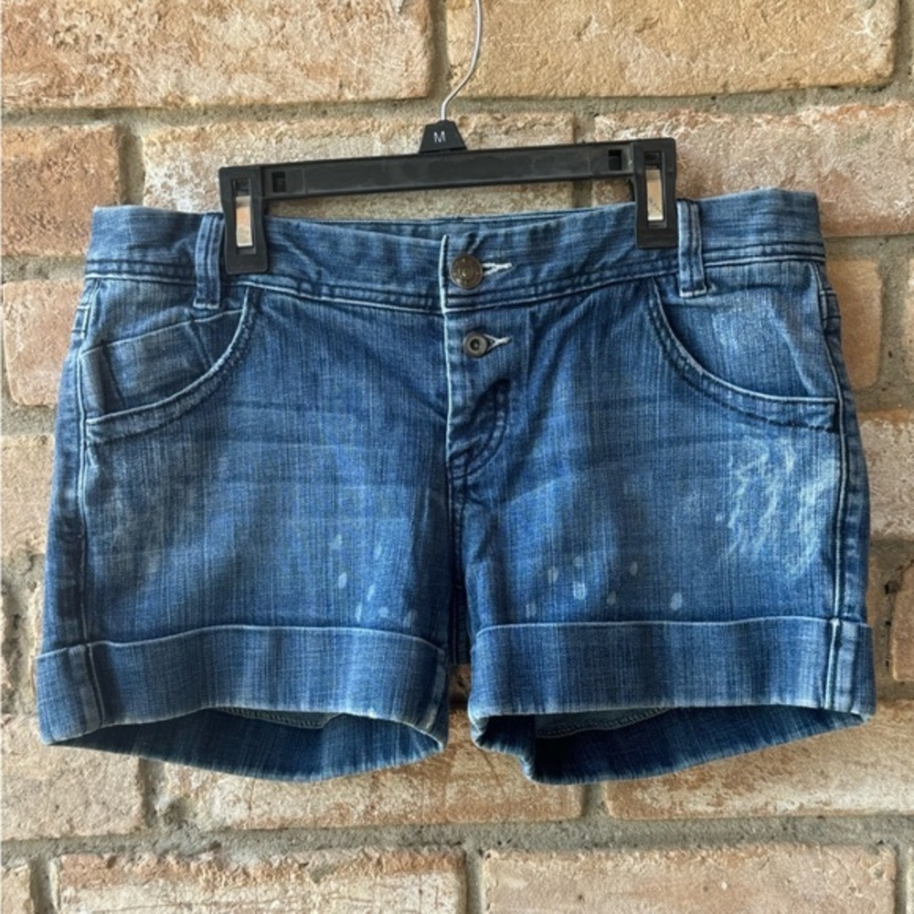 Express Distressed Mid-Blue Denim Cuffed Shorts